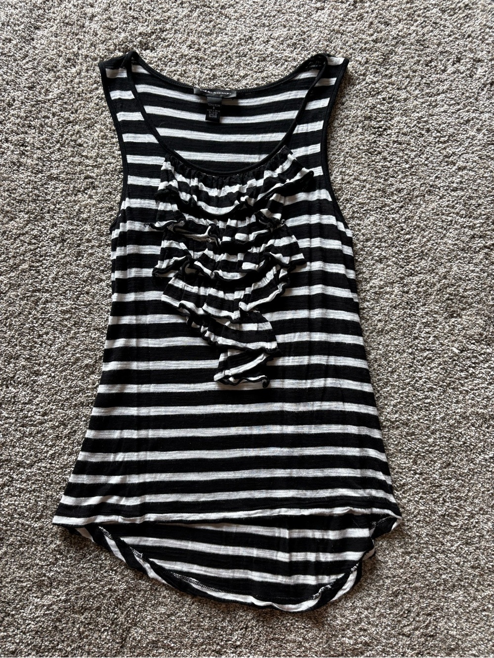 Cable & Gauge Black and White Striped Ruffle Front Tank